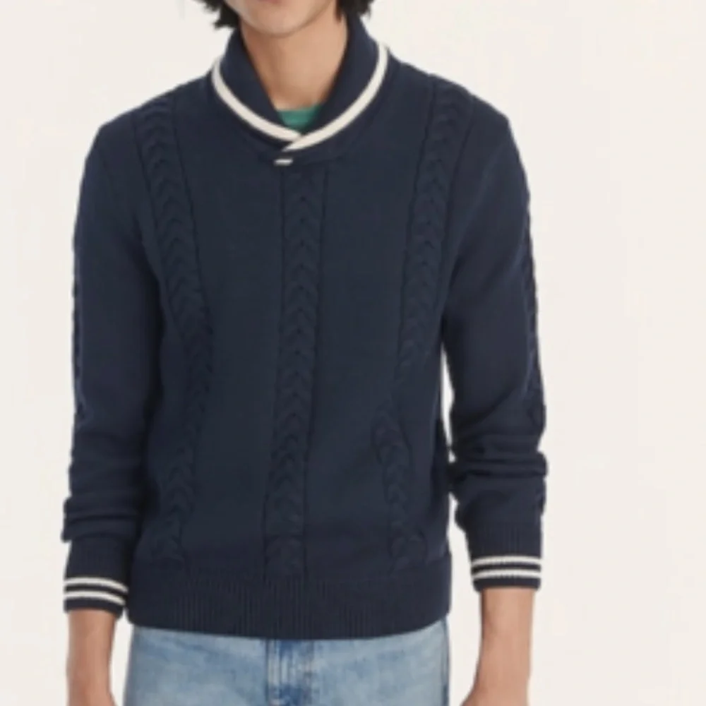 J Crew long sleeve Cotton cable-knit tipped shawl-collar sweater in‎ navy blue